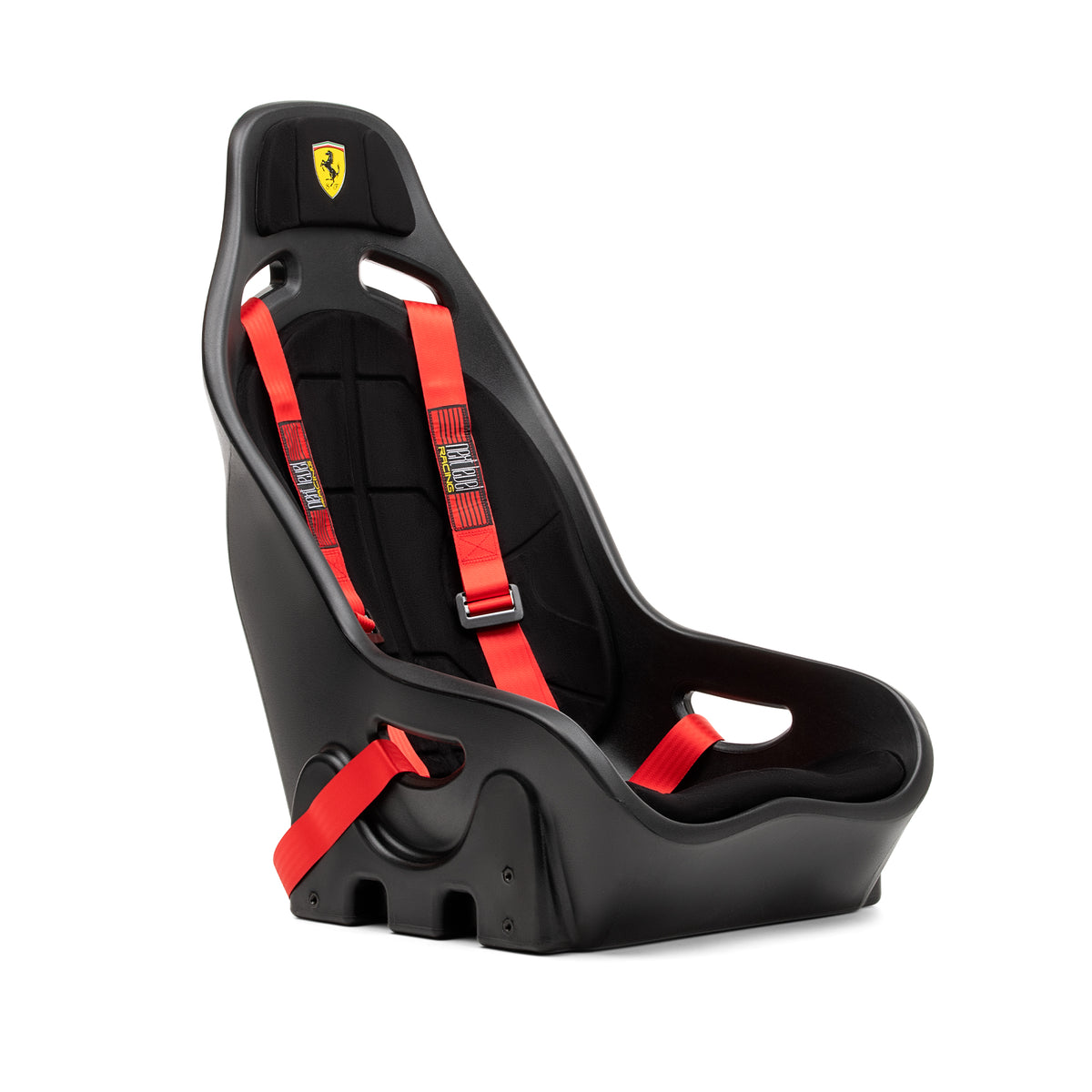 Next Level Racing ES1 Sim Racing Seat - Scuderia Ferrari Edition - rechter vooraanzicht met gordels en Ferrari logo