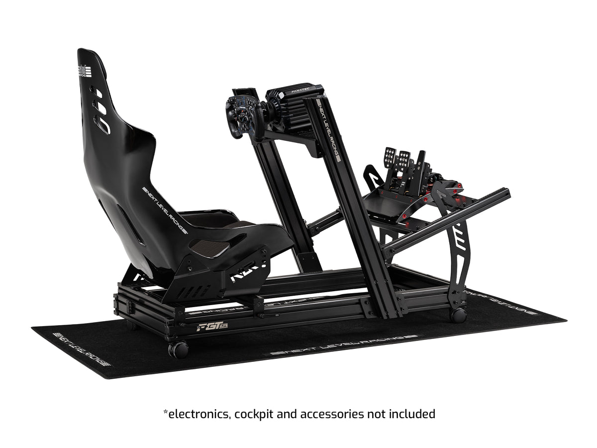 Next Level Racing ES3 Elite Sim Racing Seat – Fiberglass Edition - Black - preview gemonteerd op de F-GT Elite Lite Wheel Plate Edition cockpit met een Fanatec direct drive wheelbase, stuur en load-cell pedalen