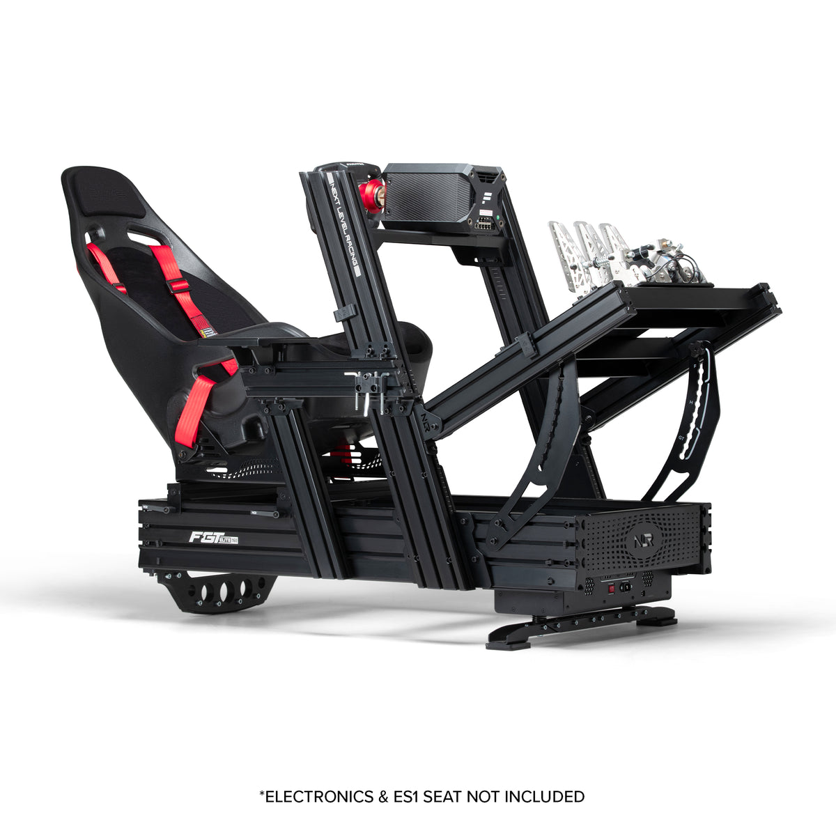 Next Level Racing F-GT Elite 160 Wheel Plate Edition - preview van cockpit in formule stand met een Fanatec direct drive wheelbase en stuur, hydraulische pedalen en de ES1 stoel en het Motion Plus motion systeem