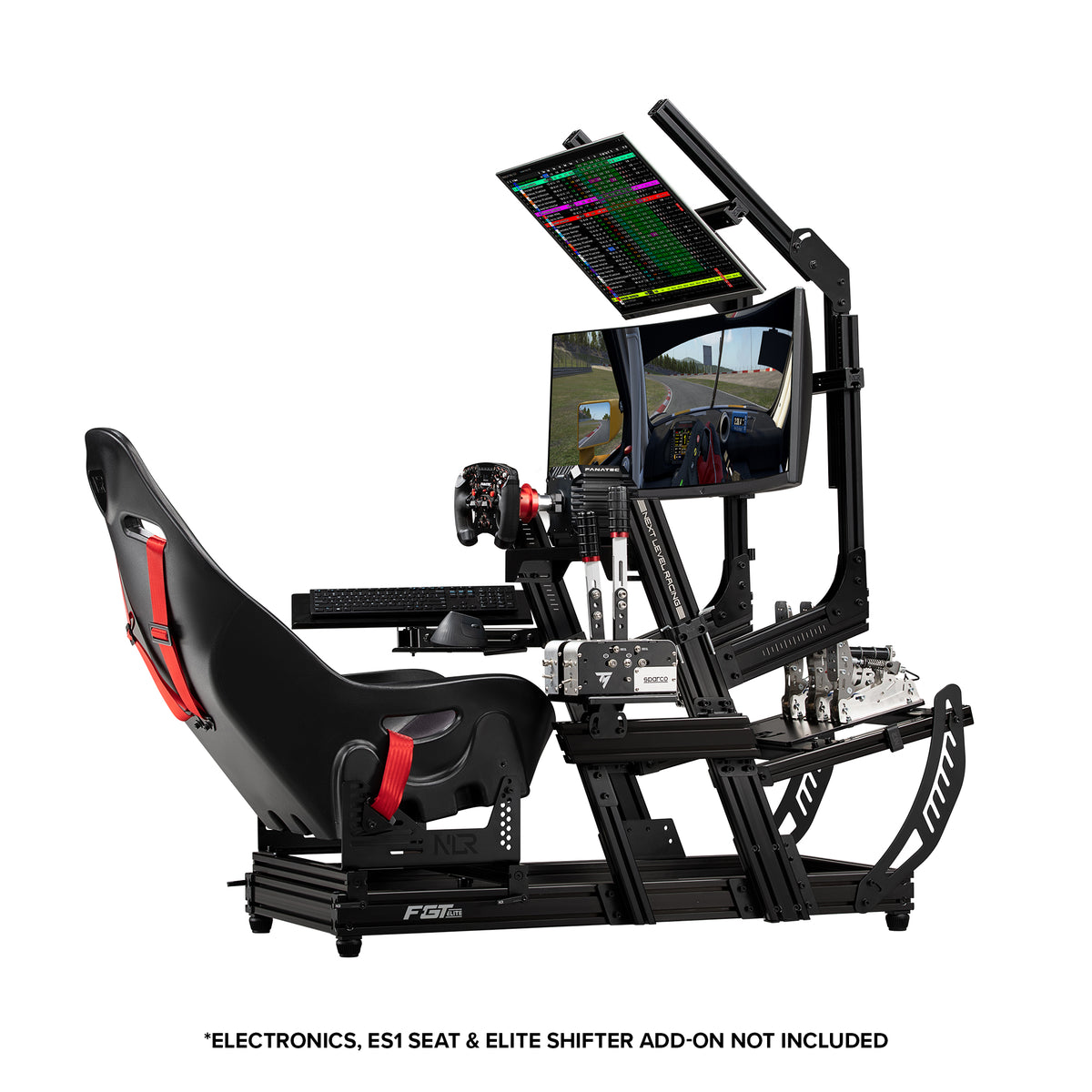 Next Level Racing F-GT Elite Lite Wheel Plate Edition - preview met Fanatec direct drive wheelbase en stuur, loadcell pedalen, ES1 stoel, elite keyboard & mouse tray, f-gt elite direct monitor mount, overhead mount, en twee monitoren in formule stand