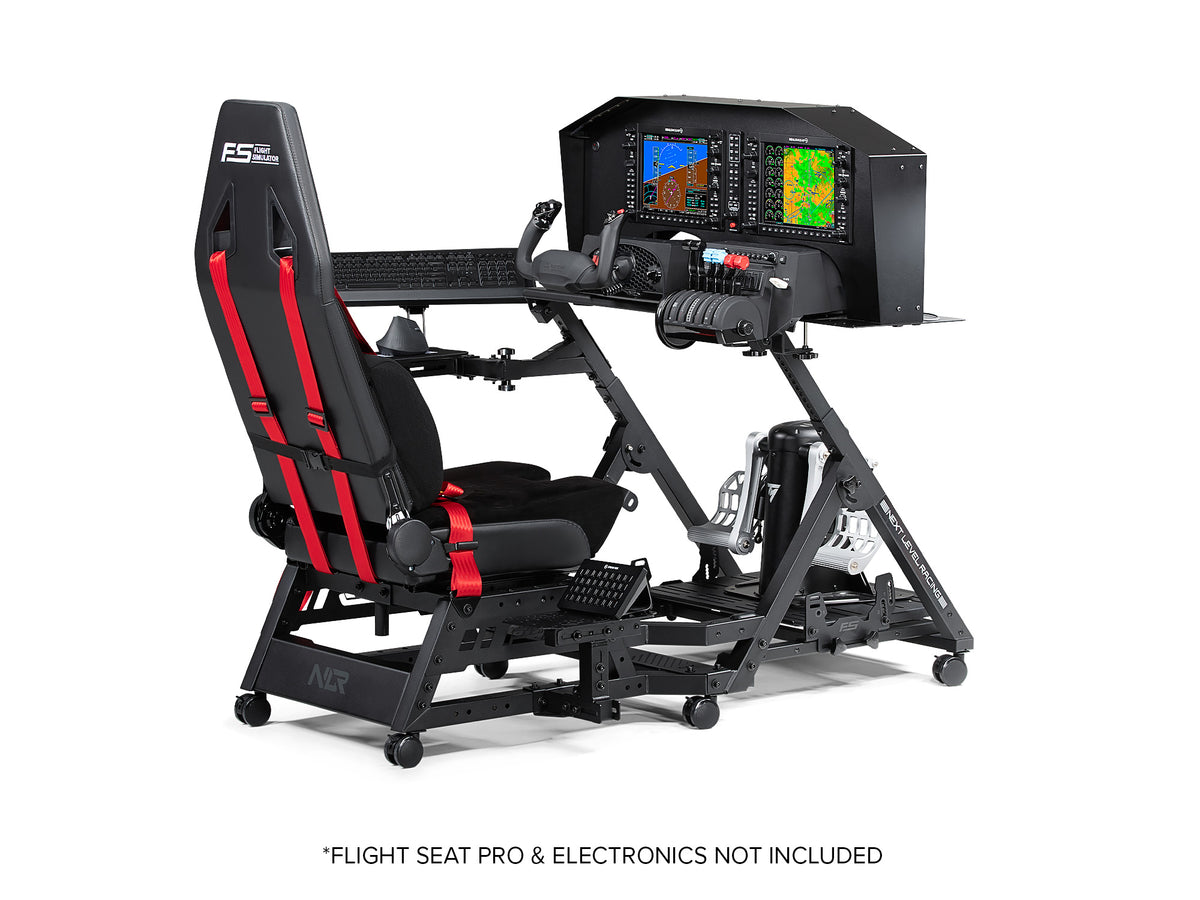 Next Level Racing Flight Stand Pro - preview met Flight Seat Pro, yoke, flaps, Thrustmaster rudder pedals en flight displays