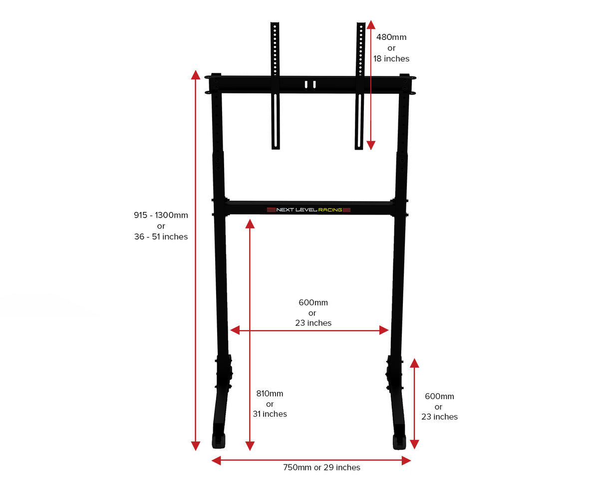 Next Level Racing Free Standing Single Monitor Stand - overzicht met afmetingen