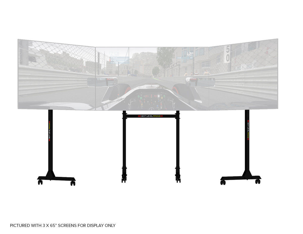 Next Level Racing Free Standing Triple Monitor Stand - preview met drie 65 inch schermen gemonteerd
