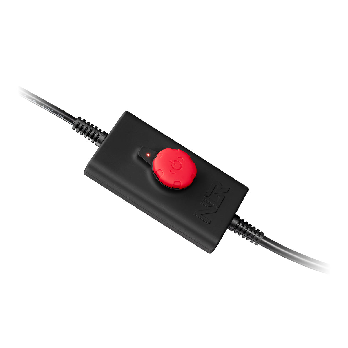 Next Level Racing HF8 Haptic Feedback Pad - close-up van de controller met een draaiknop voor intensiteit en een aan-/uitschakelaar