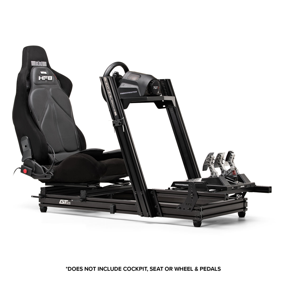 Next Level Racing HF8 Haptic Feedback Pad - preview geplaatst in een ERS1 stoel gemonteerd op de GT Elite Lite Wheel Plate Edition met de Thrustmaster T-GT 2 en TLCM load-cell pedalen