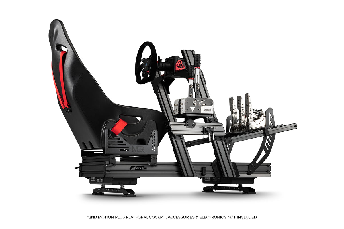 Next Level Racing Motion Plus Platform - preview met twee motion plus platformen gemonteerd op een F-GT Elite Front & Side Mount Edition cockpit met een ES1 stoel, Simucube direct drive wheelbase, Cube Controls stuur, load-cell pedalen, shifter en handrem - 3dof opstelling