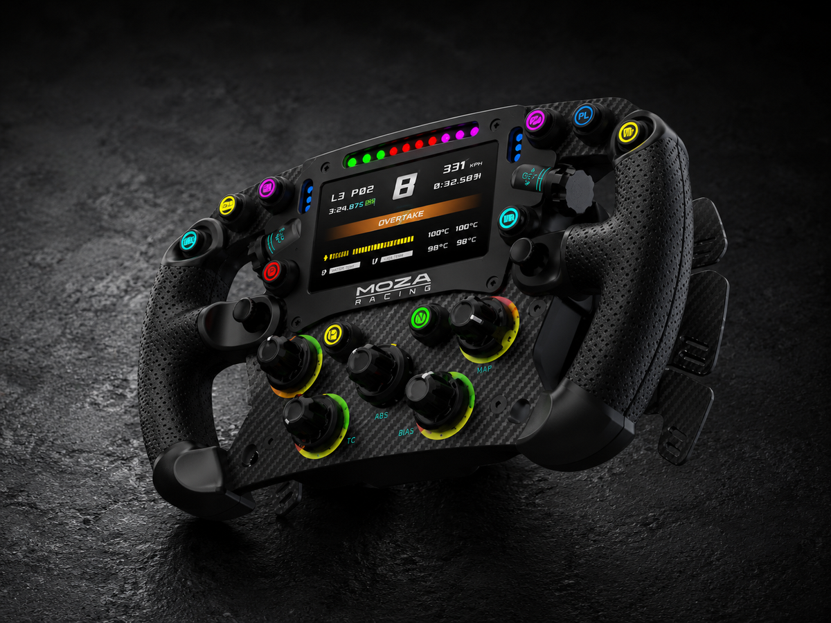 Simracingstore collectie foto sturen met MOZA FSR2 formule stuur afgebeeld