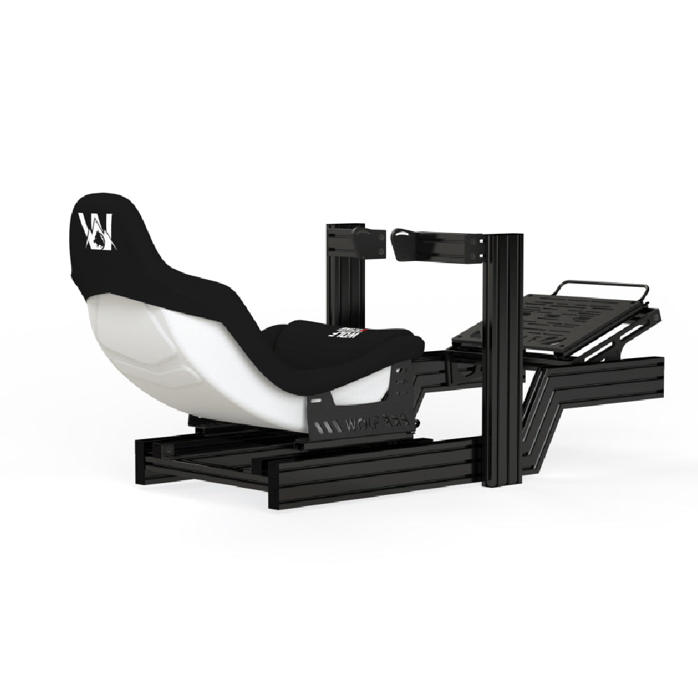 Wolf Racing Fenrir Formula Sim Rig Cockpit - met een witte stoel en Fanatec CSL DD side mount en pedaal plaat met slider