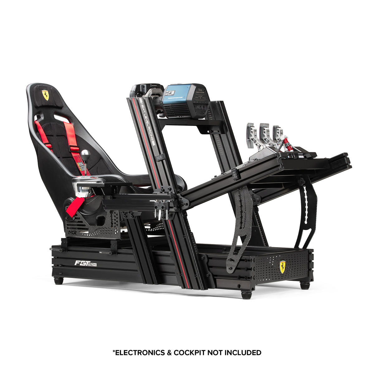 Next Level Racing F-GT Elite 160 Scuderia Ferrari Edition - preview in formule houding met een Thrustmaster direct drive wheelbase en stuur, Thrustmaster pedalen en de ES1 Ferrari stoel