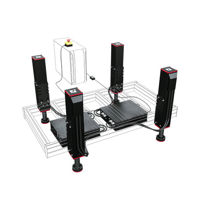 Qubic System QS-220 3DOF motion system visual representation of setup with 4 linear actuators, two power cabinets and QS-MC6