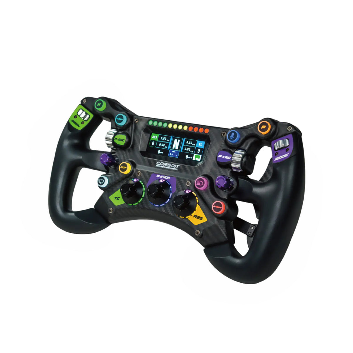Conspit 300GT Steering Wheel - zijaanzicht met 2,99inch dashboard, 8 RGB drukknoppen, 4 encoderwielen, 3 draaischakelaars en 2 joysticks