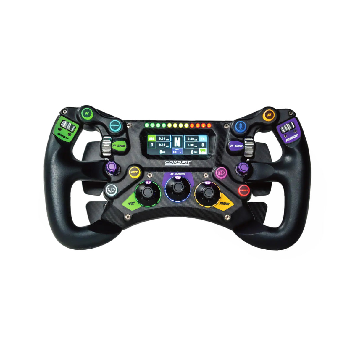 Conspit 300GT Steering Wheel - vooraanzicht met 2,99inch dashboard, 8 RGB drukknoppen, 4 encoderwielen, 3 draaischakelaars en 2 joysticks