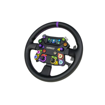 Conspit 310 APEX Steering Weel - zijaanzicht met 6 RGB drukknoppen, 2 encoderwielen, 2 draaischakelaars, 2,99 inch dashboard en 2 joysticks
