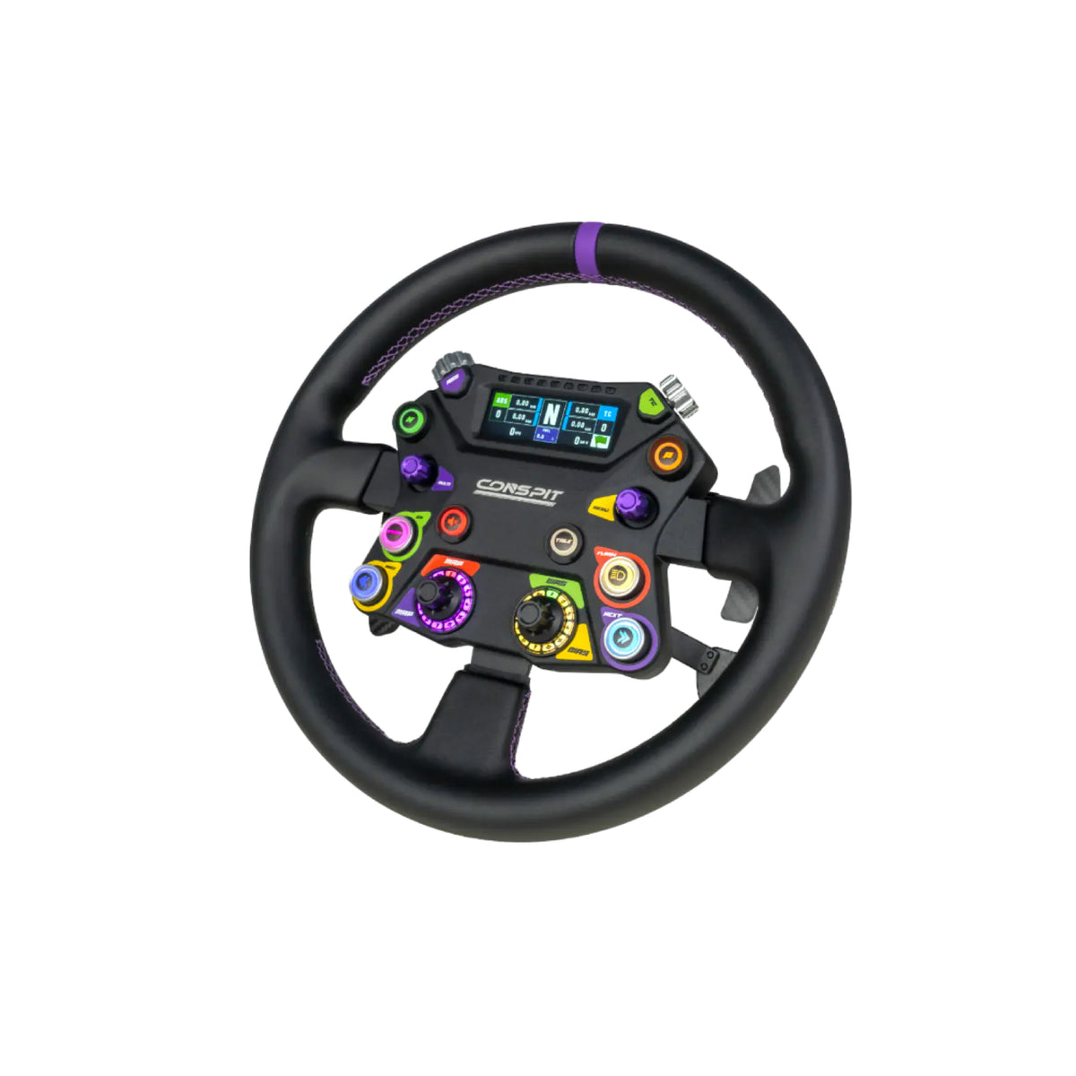 Conspit 310 APEX Steering Weel - zijaanzicht met 6 RGB drukknoppen, 2 encoderwielen, 2 draaischakelaars, 2,99 inch dashboard en 2 joysticks