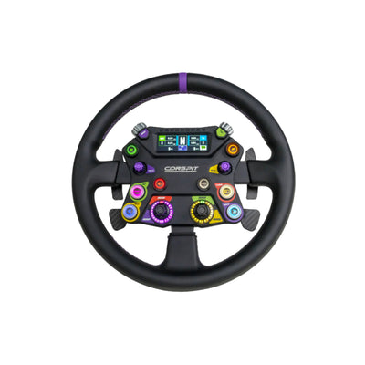Conspit 310 APEX Steering Weel - vooraanzicht met 6 RGB drukknoppen, 2 encoderwielen, 2 draaischakelaars, 2,99 inch dashboard en 2 joysticks