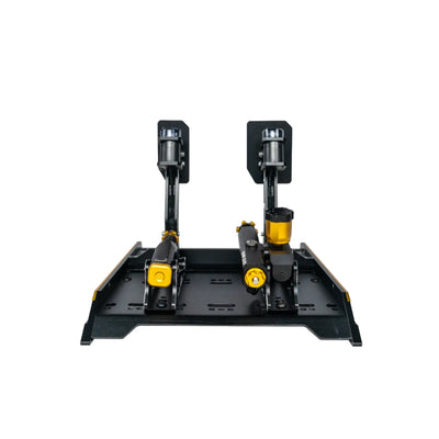 Conspit CPP EVO 2 Pedals - achteraanzicht met gaspedaal, hydraulisch rempedaal met olie reservoir en stelschroef en M-DVF vibratie modules