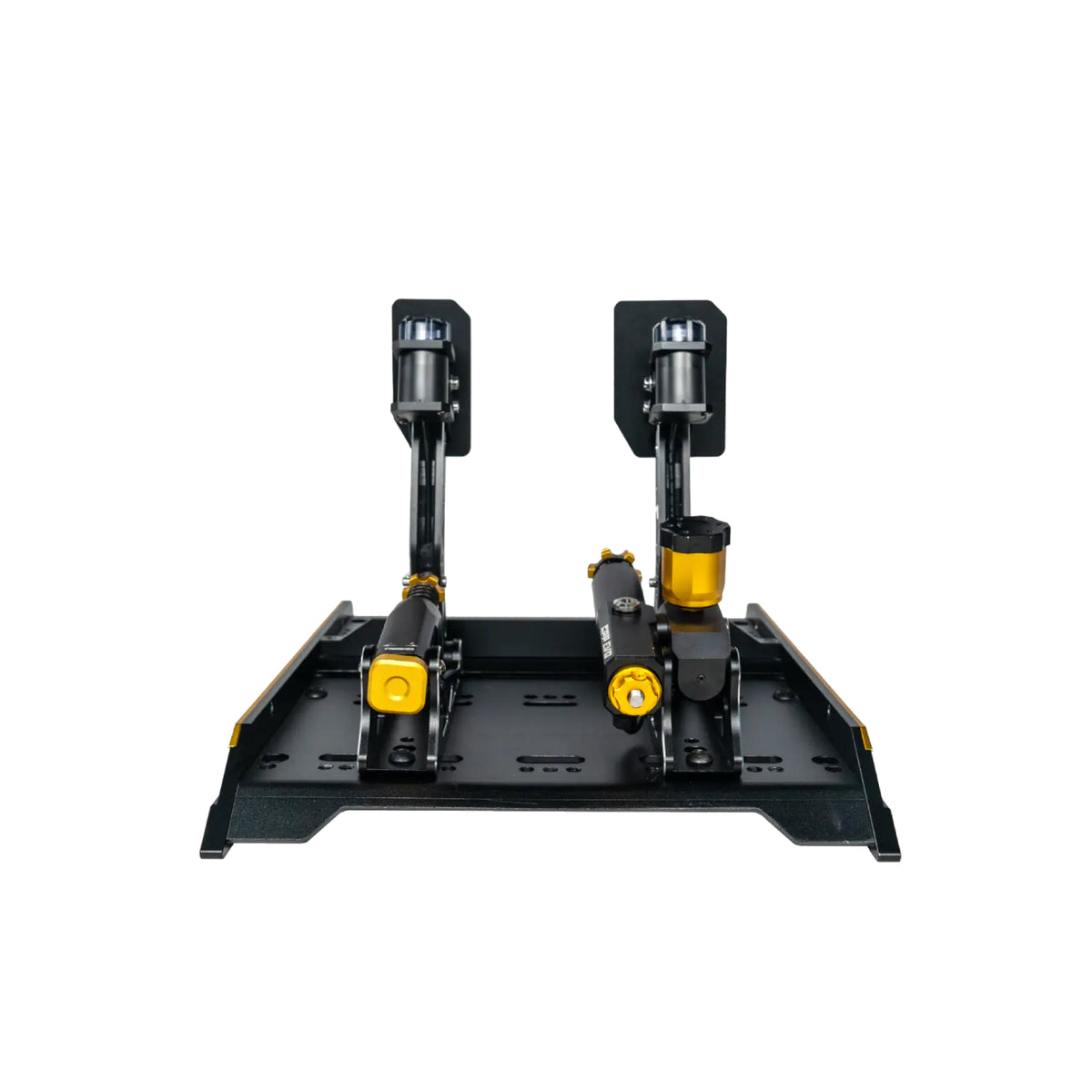 Conspit CPP EVO 2 Pedals - achteraanzicht met gaspedaal, hydraulisch rempedaal met olie reservoir en stelschroef en M-DVF vibratie modules