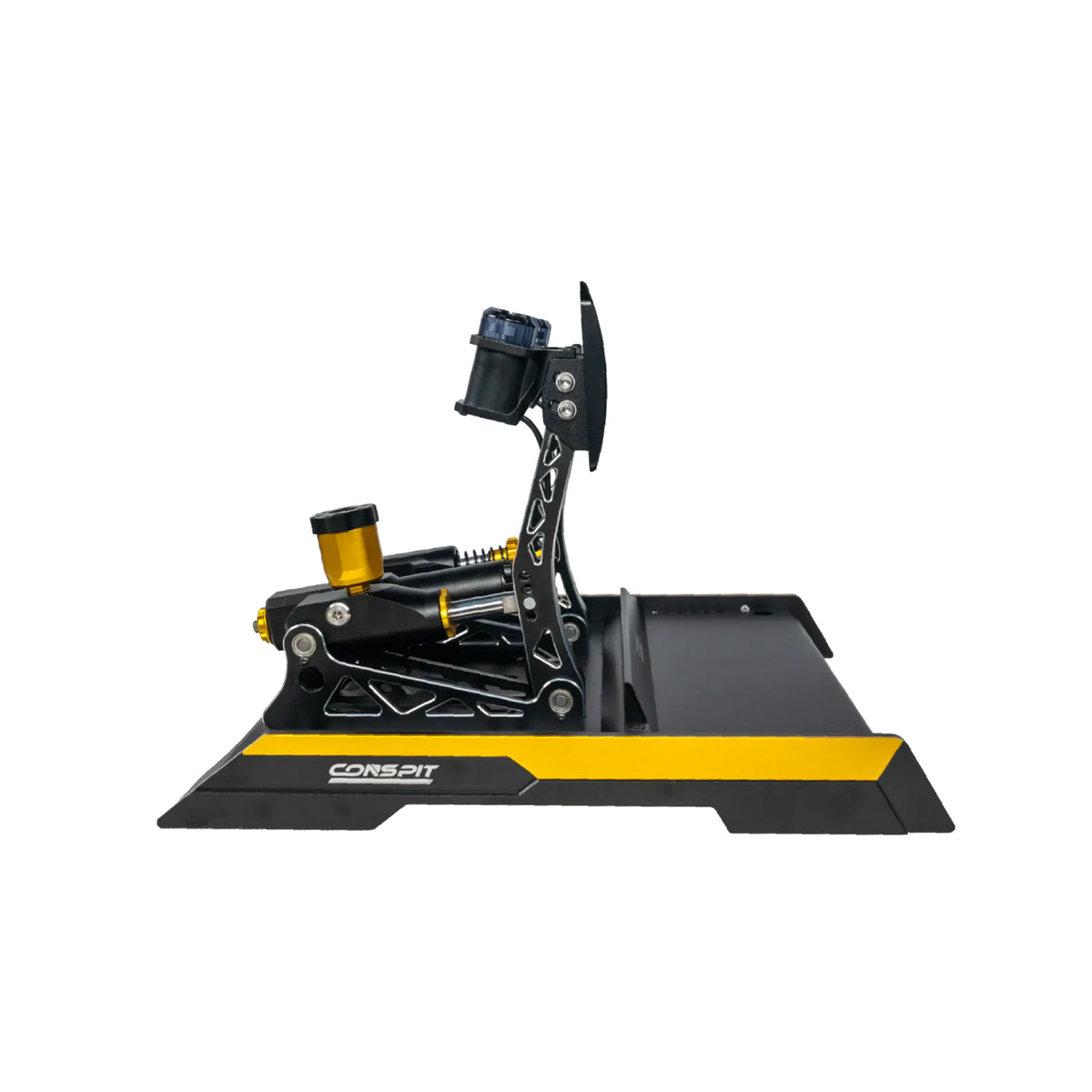 Conspit CPP EVO 2 Pedals - zijaanzicht met gaspedaal, hydraulisch rempedaal met olie reservoir en M-DVF vibratie module