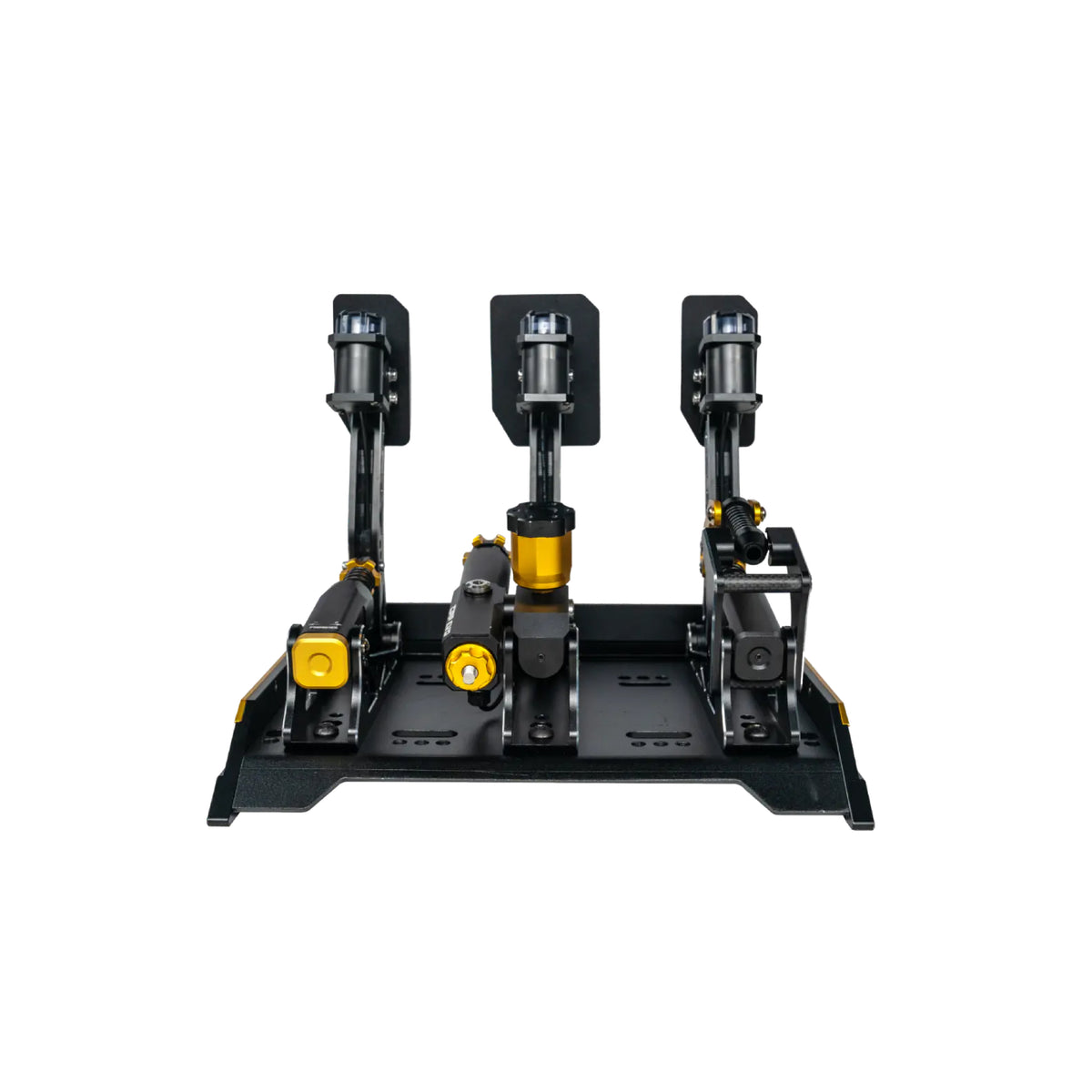 Conspit CPP EVO 3 Pedals - achteraanzicht met gaspedaal, hydraulisch rempedaal met olie reservoir en stelschroef, koppelingspedaal en M-DVF vibratie modules
