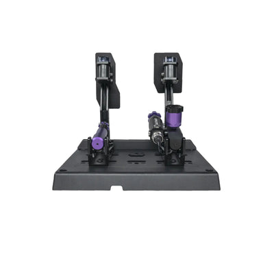 Conspit CPP Lite 2 Pedals - achteraanzicht met gaspedaal, hydraulisch rempedaal, olie reservoir, stelschroef en M-DVF vibratie modules