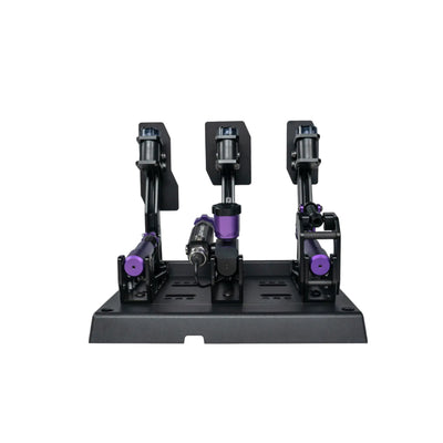 Conspit CPP Lite 3 Pedals - achteraanzicht met gaspedaal, hydraulisch rempedaal, olie reservoir, stelschroef, koppelingspedaal en M-DVF vibratie modules