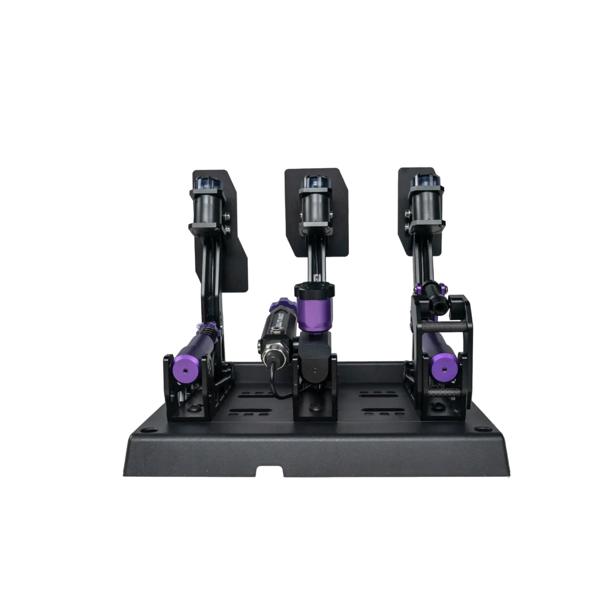 Conspit CPP Lite 3 Pedals - achteraanzicht met gaspedaal, hydraulisch rempedaal, olie reservoir, stelschroef, koppelingspedaal en M-DVF vibratie modules