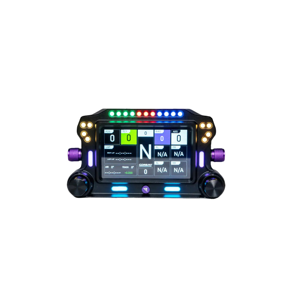 Conspit CSD Simhub Dashboard - vooraanzicht met 5 inch display, rgb  rmp verlichting en 4 encoderwielen