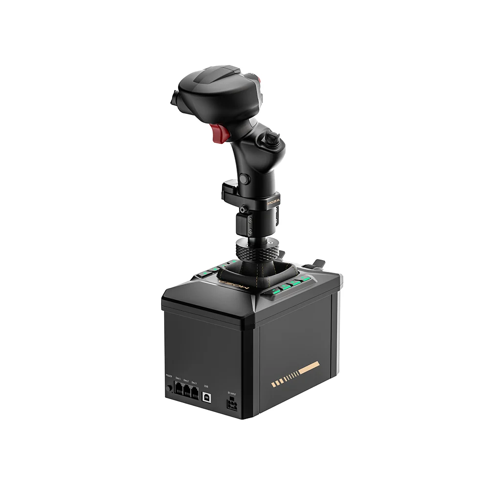 MOZA AB6 Flight Simulator Bundle - linker achteraanzicht met AB6 force feedback base en MHG flightstick, USB poort, voedingspoort en andere connectie poorten