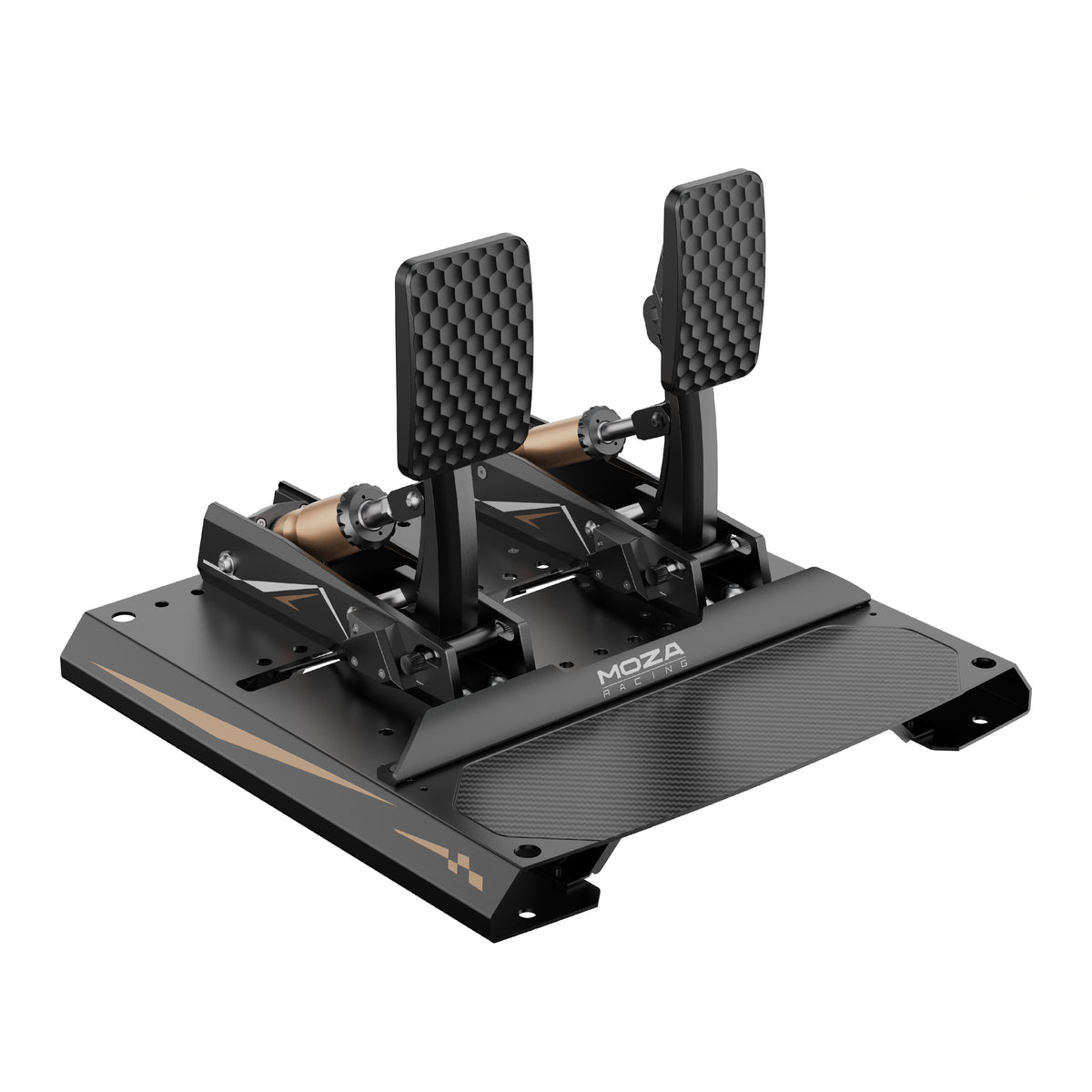 MOZA CRP2 Load Cell Pedals - zijaanzicht links met load cell rempedaal, gaspedaal en pedaalplaat