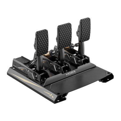 MOZA CRP2 Load Cell Pedals - zijaanzicht links met load cell rempedaal, gaspedaal, koppelingspedaal en pedaalplaat