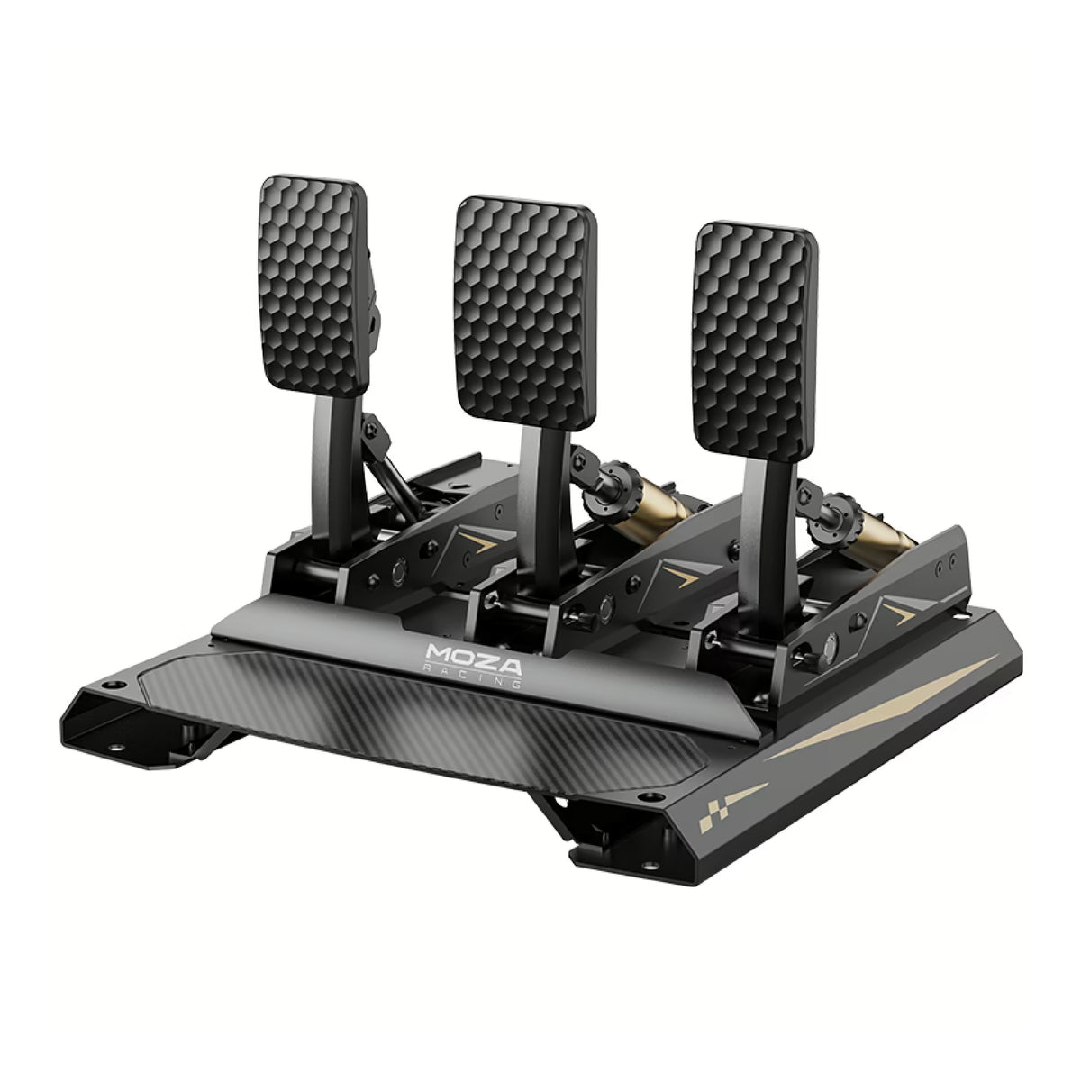 MOZA CRP2 Load Cell Pedals - zijaanzicht rechts met load cell rempedaal, gaspedaal, koppelingspedaal en pedaalplaat