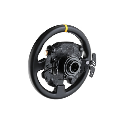 MOZA CS Pro Steering Wheel - zijaanzicht rechts achter met 2 drukknoppen, 2 schakelflippers, dual-clutch en Moza quick release