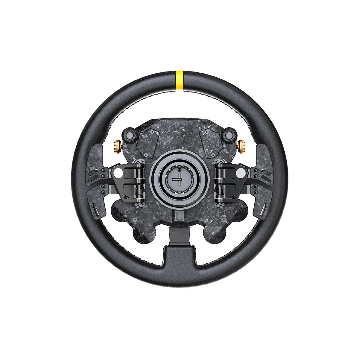MOZA CS Pro Steering Wheel - achteraanzicht met 2 drukknoppen, 2 schakelflippers, dual-clutch en Moza quick release