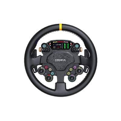 MOZA CS Pro Steering Wheel - vooraanzicht met 2,99 inch dashboard, 8 RGB drukknoppen, 2 encoderwielen, 4 draaischakelaars en 2 joysticks