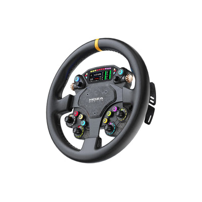 MOZA CS Pro Steering Wheel - zijaanzicht rechtsvoor met 2,99 inch dashboard, 8 RGB drukknoppen, 2 encoderwielen, 4 draaischakelaars en 2 joysticks