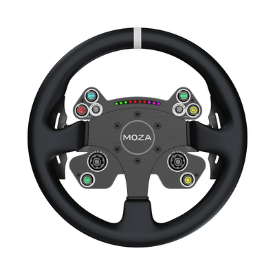 MOZA CS V2P Steering Wheel - vooraanzicht met 6 RGB drukknoppen, 2 encoderwielen en 2 joysticks