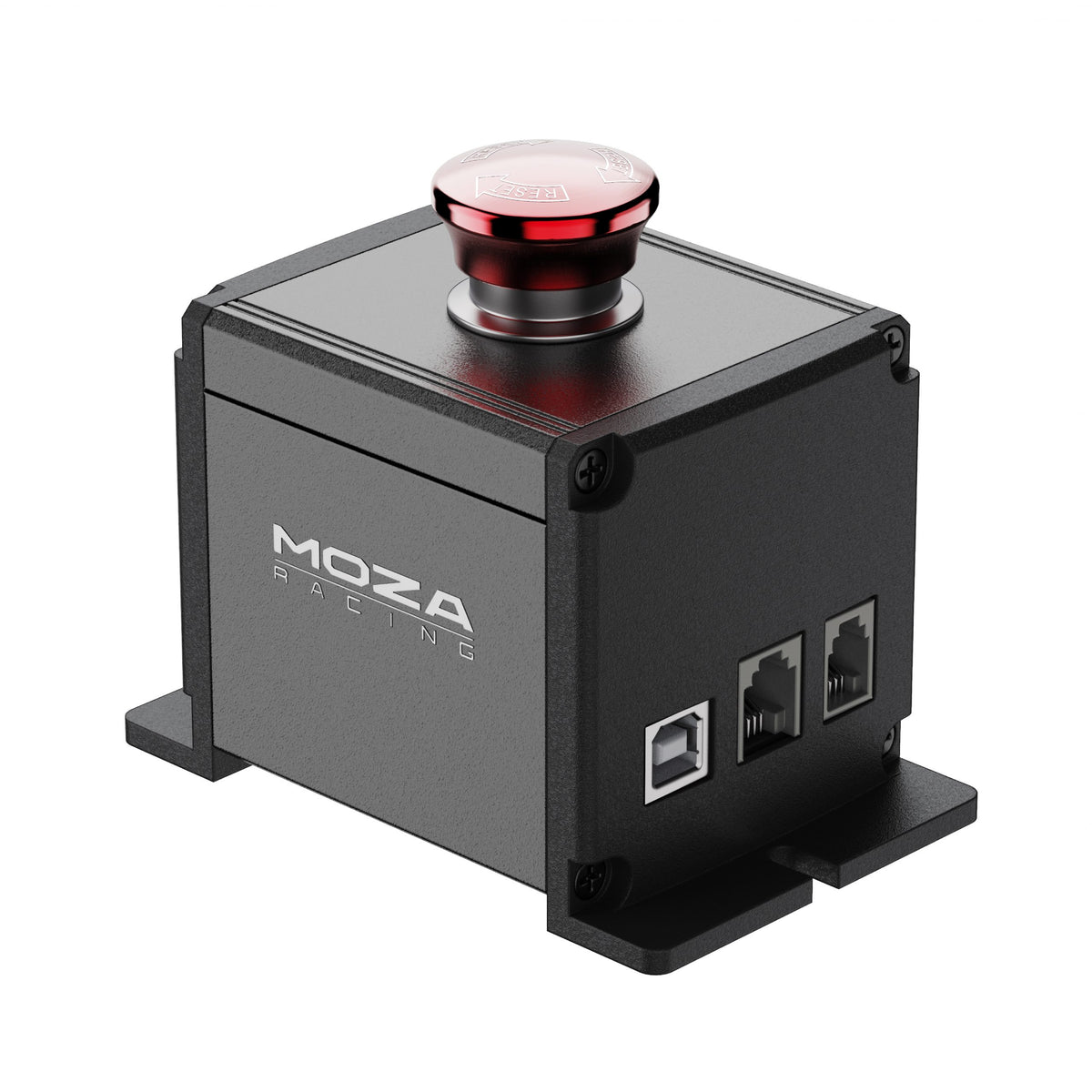 MOZA E-Stop Switch - vooraanzicht met USB poort, RJ11 poorten, rode knop en MOZA logo