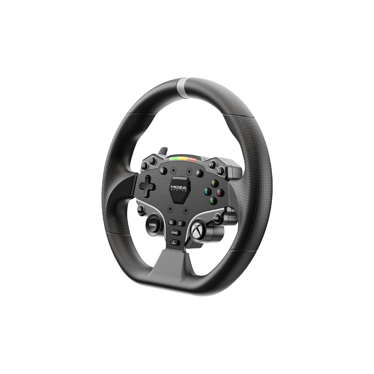MOZA ESX Steering Wheel - rechter vooraanzicht met 22 drukknoppen, RGB RPM lichtjes en Xbox logo