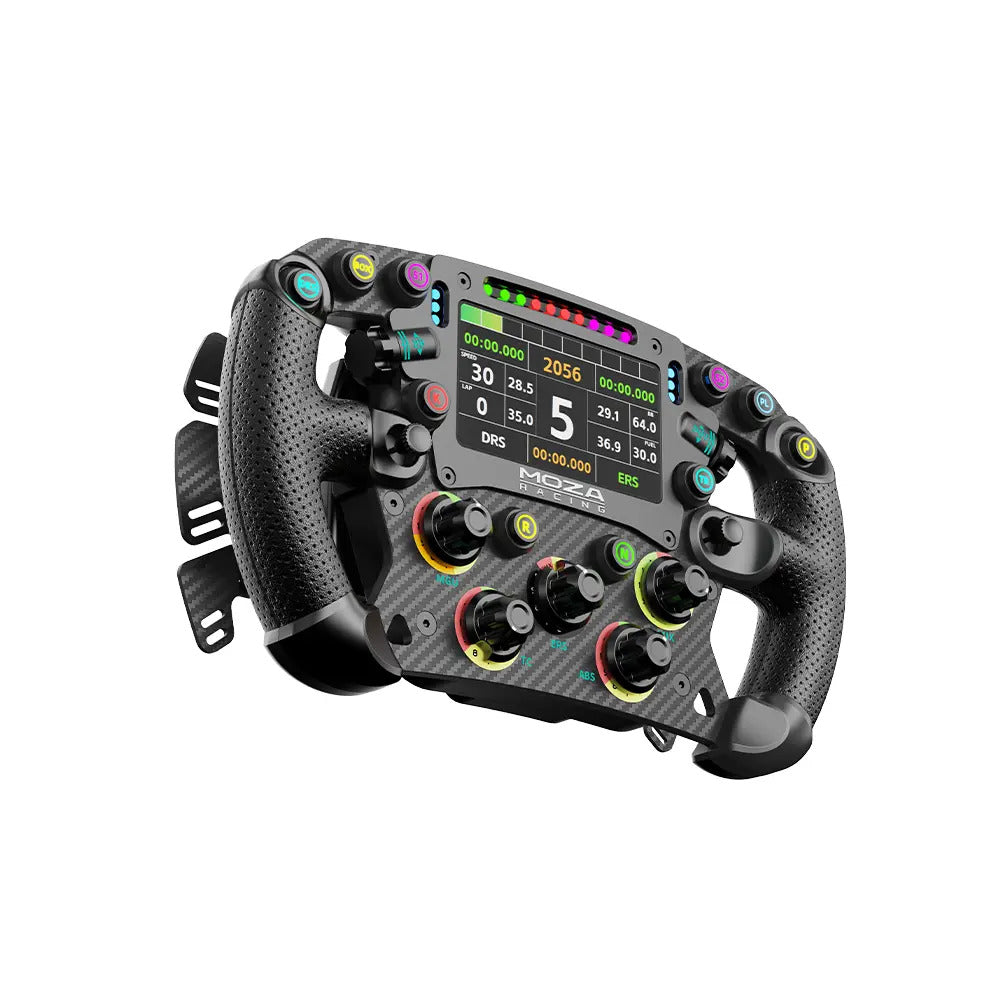 MOZA FSR2 Formula Wheel - linker vooraanzicht met 4,3 inch dashboard, 10 RGB drukknoppen, 2 encoderwielen, 5 draaischakelaars, 2 joysticks en RGB RPM lichtjes