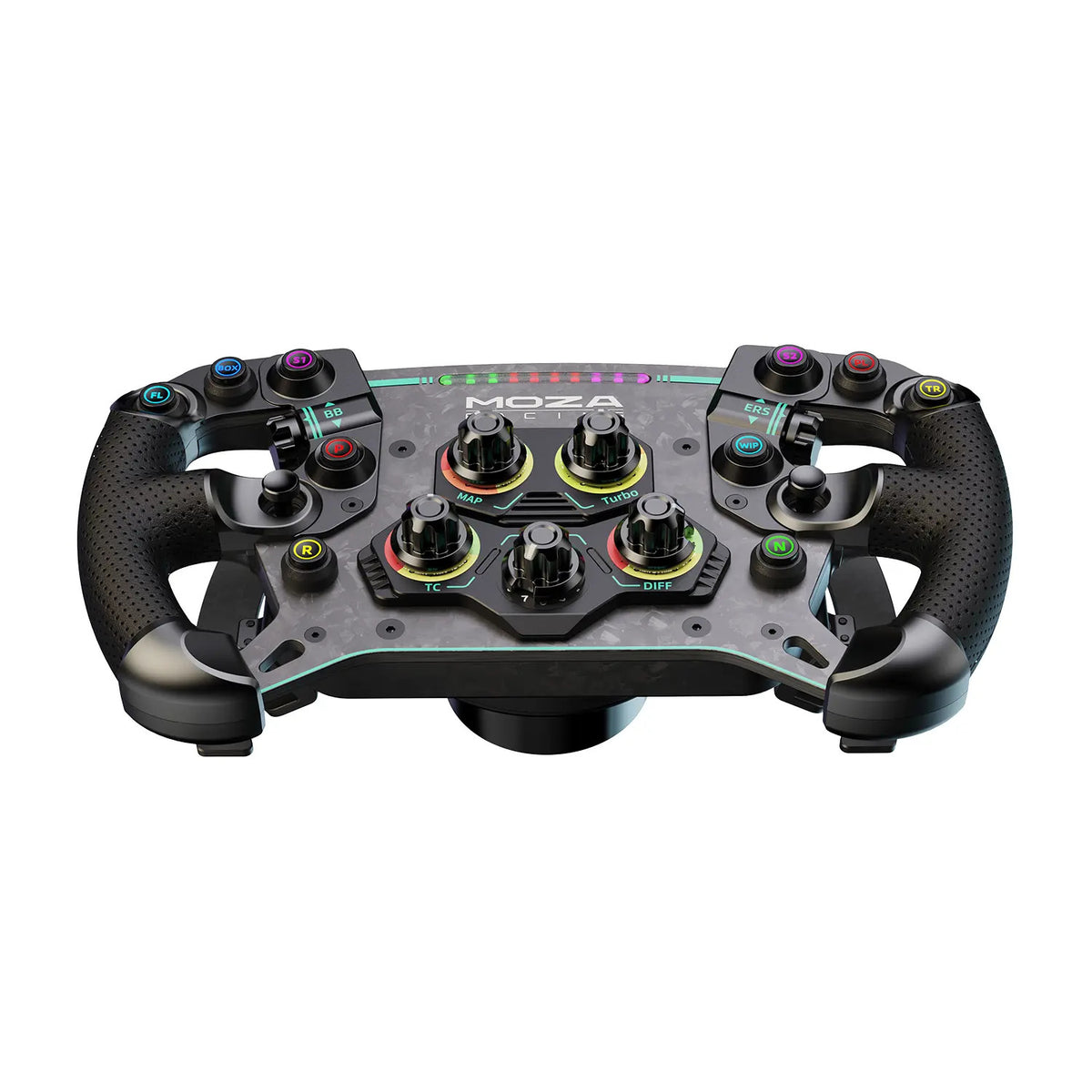 MOZA GS V2P Steering Wheel - onderaanzicht met 10 RGB drukknoppen, 2 encoderwielen, 5 draaischakelaars, 2 joysticks en RGB RPM lichtjes