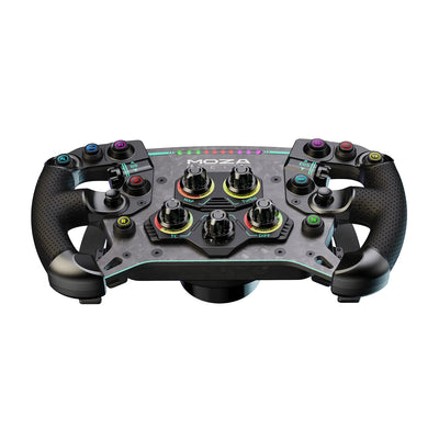 MOZA GS V2P Steering Wheel - onderaanzicht met 10 RGB drukknoppen, 2 encoderwielen, 5 draaischakelaars, 2 joysticks en RGB RPM lichtjes