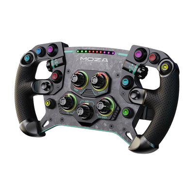 MOZA GS V2P Steering Wheel - rechter vooraanzicht met 10 RGB drukknoppen, 2 encoderwielen, 5 draaischakelaars, 2 joysticks en RGB RPM lichtjes
