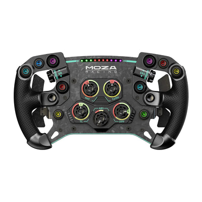 MOZA GS V2P Steering Wheel - vooraanzicht met 10 RGB drukknoppen, 2 encoderwielen, 5 draaischakelaars, 2 joysticks en RGB RPM lichtjes
