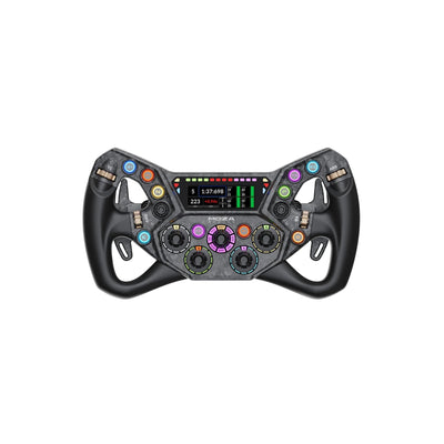 MOZA KS Pro Steering Wheel - vooraanzicht met 10 RGB drukknoppen, 5 draaischakelaars, 4 encoderwielen, 2 joysticks, dashboard en RGB RPM lichtjes
