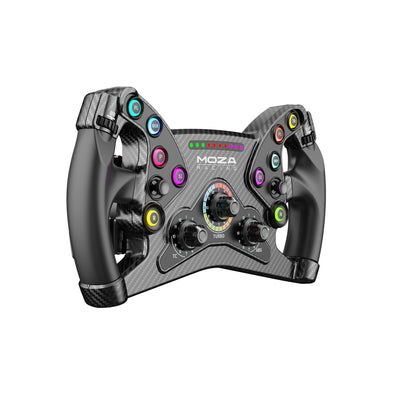 MOZA KS Steering Wheel - linker vooraanzicht met 10 RGB drukknoppen, 3 draaischakelaars, 2 encoderwielen, 2 joysticks en RGB RPM lichtjes