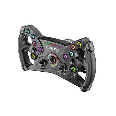 MOZA KS Steering Wheel - rechter vooraanzicht met 10 RGB drukknoppen, 3 draaischakelaars, 2 encoderwielen, 2 joysticks en RGB RPM lichtjes