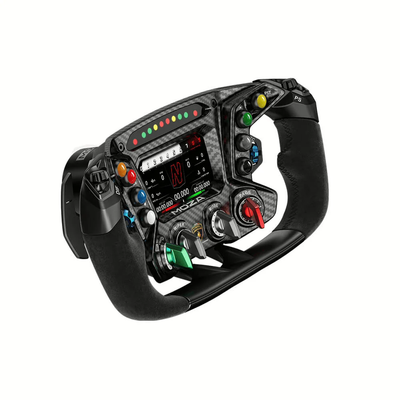 MOZA Lamborghini Essenza SCV12 Steering Wheel - linker vooraanzicht met 4,3-inch dashboard, 8 drukknoppen, 4 draaischakelaars, 4 encoderwielen en RGB RPM lichtjes