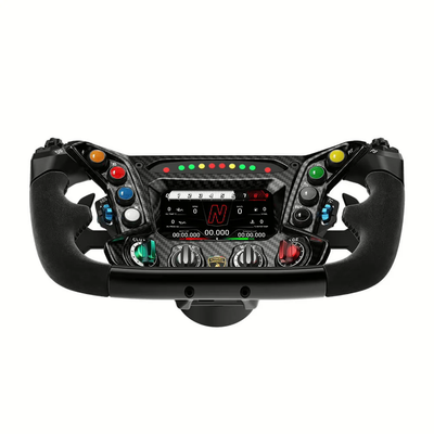 MOZA Lamborghini Essenza SCV12 Steering Wheel - onderaanzicht met 4,3-inch dashboard, 8 drukknoppen, 4 draaischakelaars, 4 encoderwielen en RGB RPM lichtjes