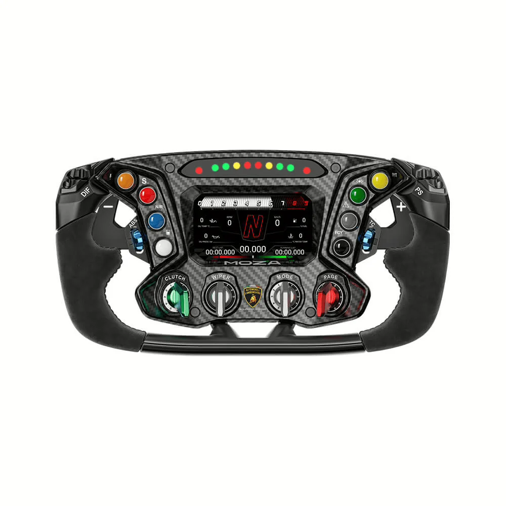 MOZA Lamborghini Essenza SCV12 Steering Wheel - vooraanzicht met 4,3-inch dashboard, 8 drukknoppen, 4 draaischakelaars, 4 encoderwielen en RGB RPM lichtjes