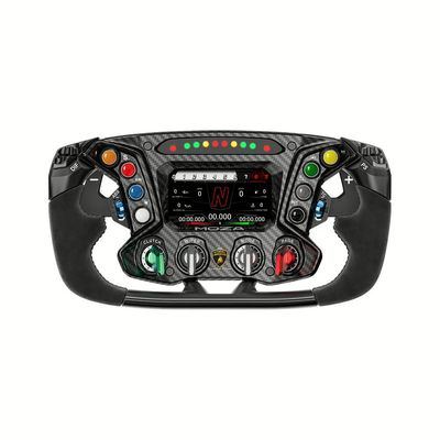 MOZA Lamborghini Essenza SCV12 Steering Wheel - vooraanzicht met 4,3-inch dashboard, 8 drukknoppen, 4 draaischakelaars, 4 encoderwielen en RGB RPM lichtjes